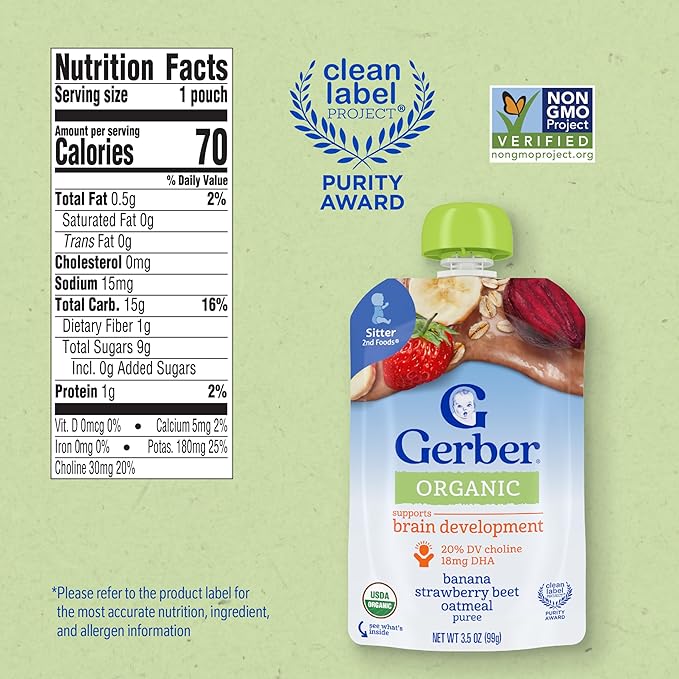 Gerber Stage 2 Baby Food, Organic Banana Strawberry Beet Oatmeal, Baby Puree, 12PK