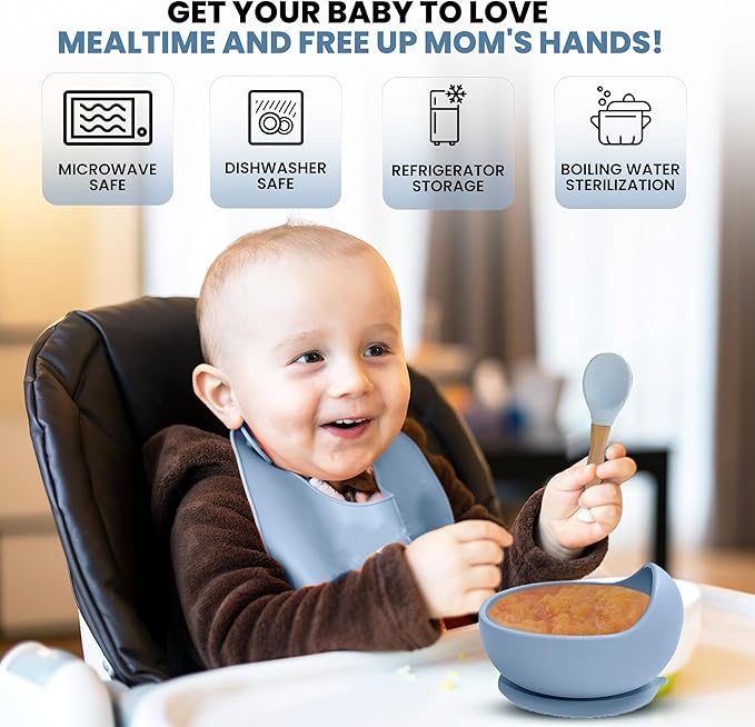 Silicone Baby Feeding Set 15-Piece BPA-Free Baby Led Weaning Kit for 6+ Months – Elephant Suction Plate, Bowl, Forks, Spoons, Bib, Cup, lids, Teether & More – Gift Kraft Box – Baby Registry Blue Gray