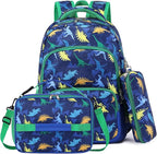mygreen 3PCS Kids Backpack Set - Waterproof Bookbag with Lunch Box for Boys Ages 3-12, Adorable Cartoon Prints for School & Outdoor Use Blue Green Dinosaurs