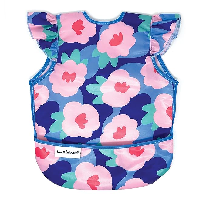 Tiny Twinkle Mess Proof Baby Bib - Waterproof & Lightweight Baby-Led Weaning Apron | 100% Recycled Polyester, Easy Clean & Machine Washable (Floral Blue, Large 2-4 Years)
