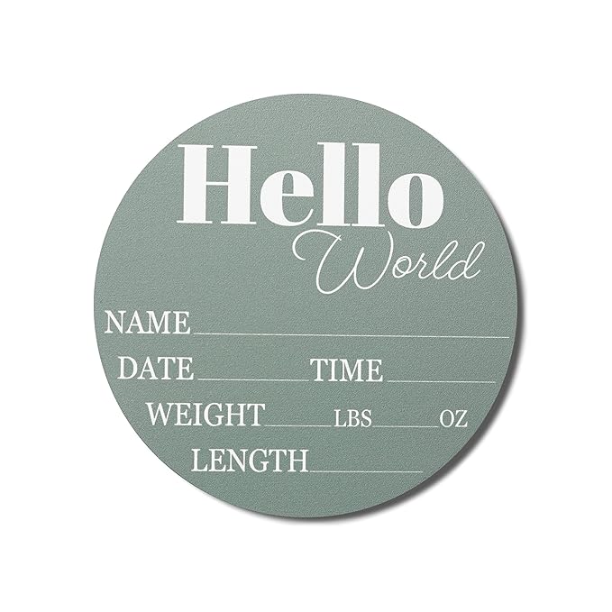 Hickory Hollow Designs - Baby Announcement Sign for Newborn Boys and Girls (Color Bases) - Hello World Nursery Decor Sign & Photo Prop for Babies Made of Birch Wood - 6" Circle Board (Sage)