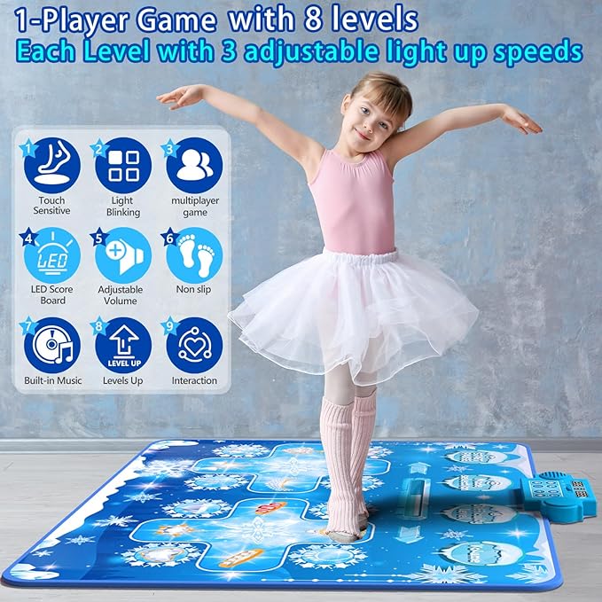 Kids Dance Mat Toys - 2-Player Dance Pad Gifts for Girls Boys Toddlers 3 4 5 6 7 8 9 + Year Old Electronic Dancing Mat Floor Games Toy with Music Light Christmas Birthday Gift (Frozen Blue)