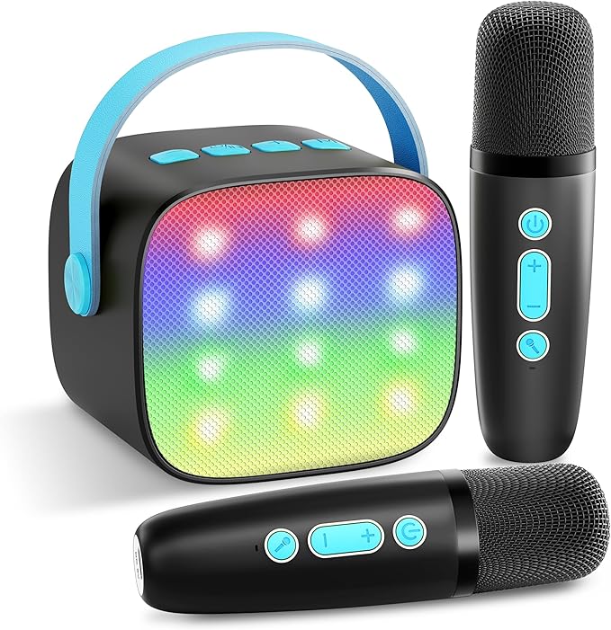 YLL Mini Karaoke Machine with 2 Wireless Microphones, TOP Kids Gifts for Girls Ages 3, 4, 5, 6, 7, 8, 9,10,11,12 +Year Old, 4-12 Years Old Birthday Toy Gift for Girls Boys Party (Black Blue)