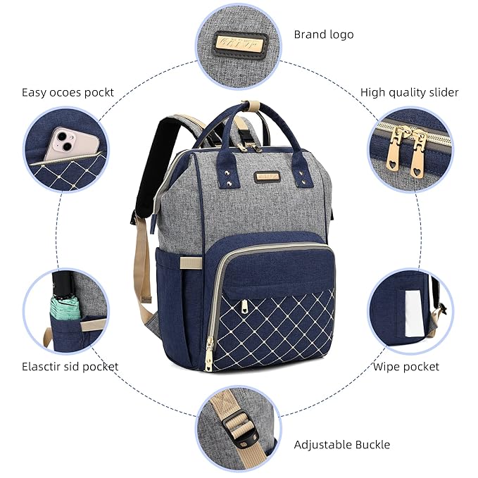 Diaper Bag Backpack, Diaper Bags for Baby Girls Boys, Baby Bags for Moms Dads, Nappy Changing Bag with Insulated Pockets,Multi-functional Waterproof Backpack with Stroller straps- Light Grey Blue