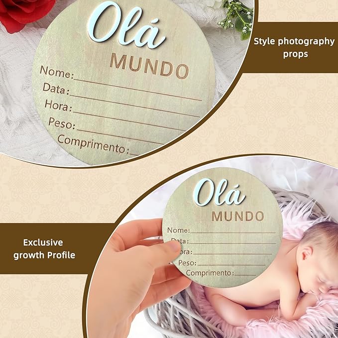 Baby Announcement Sign, 5.9 Inch Wooden Hello World Newborn Signs, "Olá Mundo" Decoration, Birth Announcement Sign, Welcome Newborn Arrival to World, Hospital Nursery for baby