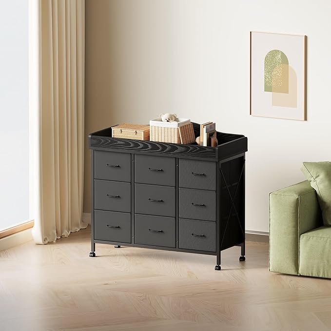 Baby Changing Table with 9 Fabric Drawers, Waterproof Diaper Changing Station & Pad, Mobile Nursery Diaper Changing Table, Baby Furniture, Bedroom, Black