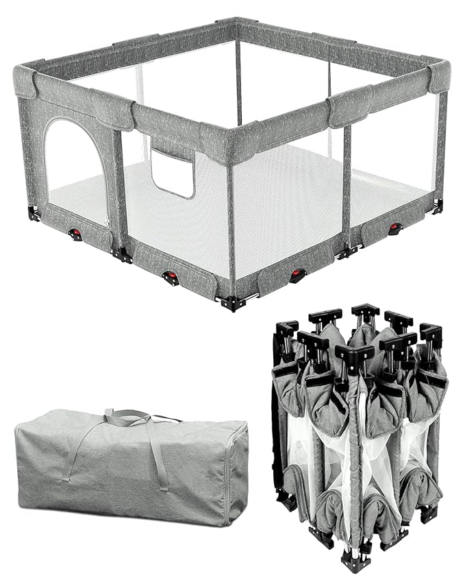 Foldable Baby Playpen with Non-Removable Thick Mat, Extra Large Collapsible Play Yard for Babies & Toddlers, Portable Travel Playpen with Gate, Safe Activity Center (51"×51" Grey)
