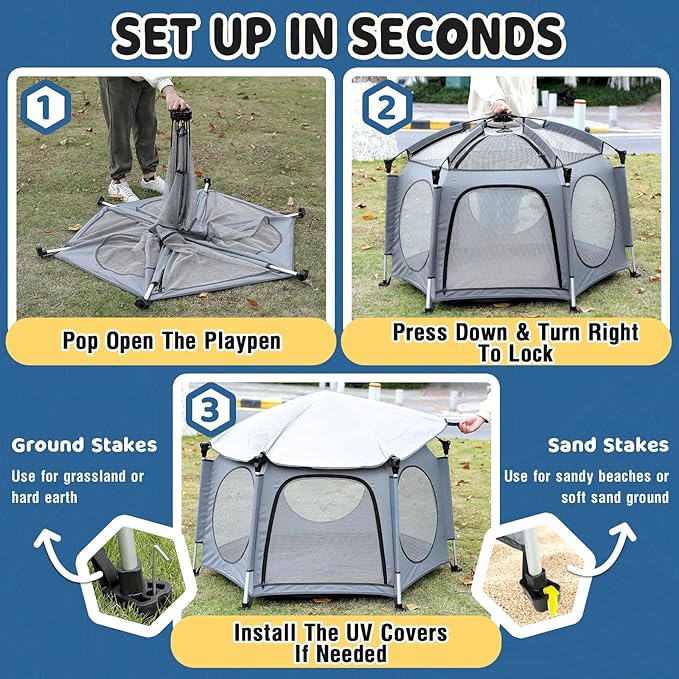PRObebi Portable Pop Up Playpen for Babies and Toddlers - Grey Lightweight Outdoor Play Yard with Three Sun-Shade - Beach and Indoor Use with Travel Bag