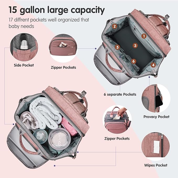 DERJUNSTAR Baby Diaper Bag Backpack, Diaper Changing Station, Baby Bags for Boys Girls,Waterproof Changing Pad,USB Charging Port,Pacifier Case, Sunshade and Toy Bar, Pale Pink