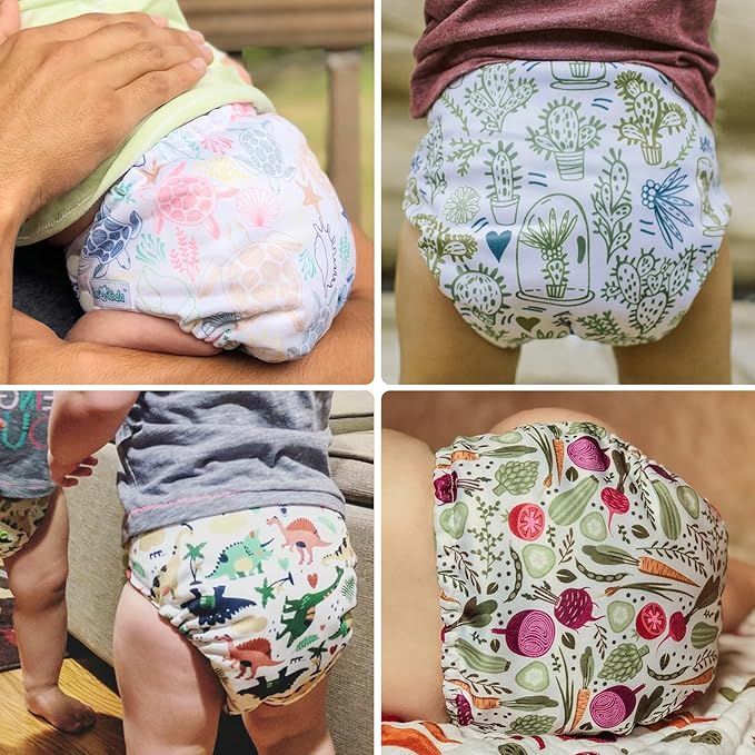 Mama Koala 3.0 Cloth Diapers for Babies with AWJ Lining, 6 Pack with 6 5-Layer Natural Cloth Diaper Inserts - Reusable and Washable Pocket Diapers(A-Happy Fox)