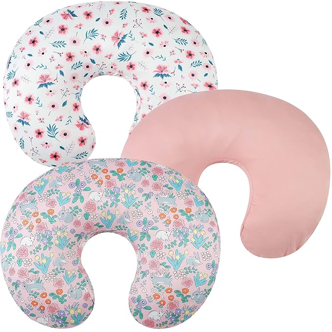 Nursing Pillow Cover Set 3 Pack Nursing Pillow Slipcovers for Moms Breastfeeding Moms, Ultra-Soft Stretchy Fit Standard Nursing Pillows Floral,Grey Rabbit & Pink