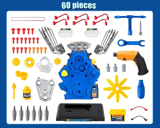 STEM New V6 Engine Model Building Kit，60-Piece Take Apart Toy with Realistic Lights & Sounds, Electric Drill & Tools - Mechanic Repair Playset for Kids Ages 3-5