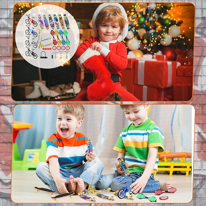 Skylety 31 Pieces Mini Finger Toys Set for Boy Girl Includes 6 Finger Skateboards, 4 Bikes, 2 Mini Scooters 4 Swing Board 8 Matched Wheels 7 Tool Accessories Educational Toy Party Favor(Novel)