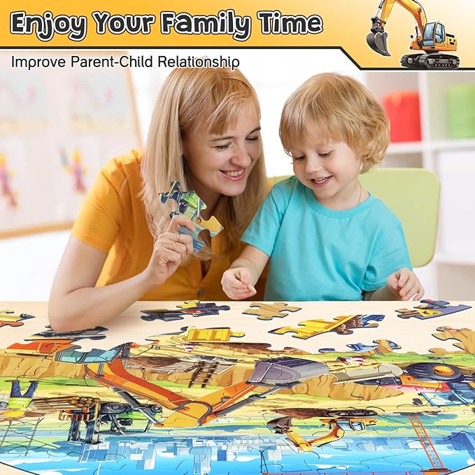 Floor Puzzles for Kids Ages 3 4 5 6 7 8, 70 Piece Construction Site Jigsaw Puzzle with Excavator Bulldozer Forklift Dumper Truck, Building Site Educational Toy Gift for Boys Birthday Christmas