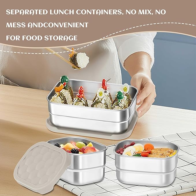 HaWare Stainless Steel Lunch Box Containers for Kids, Leak Proof Food Storage Containers with Khaki Silicone Lids, Easy Open Bento Box for School and Daycare, Portable Metal Snack Box (8oz*2+25oz)