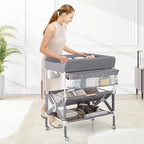 BABY JOY Portable Baby Changing Table, Foldable Waterproof Diaper Changing Station w/Wheels, Adjustable Height, Storage Basket, Shelves & Trash Bin, Mobile Nursery Organizer for Newborn Infant, Gray