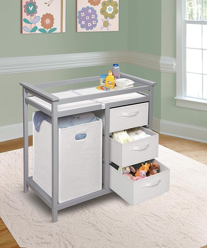 Badger Basket Modern Baby Changing Table - Nursery Furniture with Laundry Hamper and 3 Storage Drawers - Diaper Changing Station with Safety Belt, Changing Pad, Organizer Baskets - Cool Gray and White