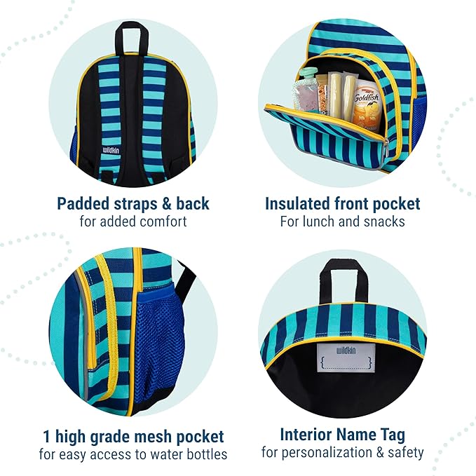 Wildkin 12-inch Kids Backpack – Padded, Adjustable, Ideal for Daycare & Travel - Blue Stripes