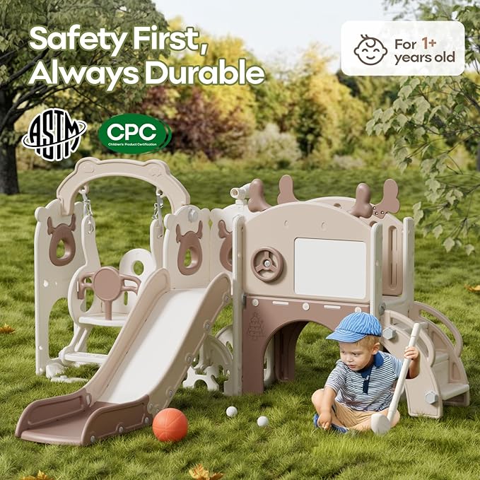 Mloong 12 in 1 Toddler Slide and Swing Set, Kids Slide for Toddlers 1-3 Years Old Baby, Indoor Outdoor with Basketball Hoop Drawing Golf for Kids Easy Assembly(Beige & Rosy Brown)(82×67×41in)