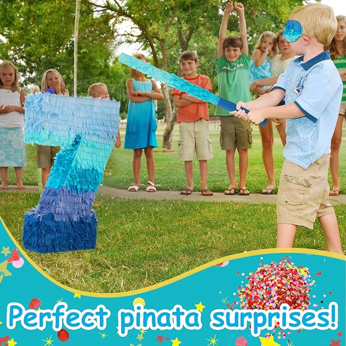 Sratte Number 1 2 3 4 5 6 7 8 9 Piñata with Stick Blindfold Confetti, Gradient Blue Piñata for Kids Boys Girls Birthday Party Anniversary Decorations Supplies(Number 7)