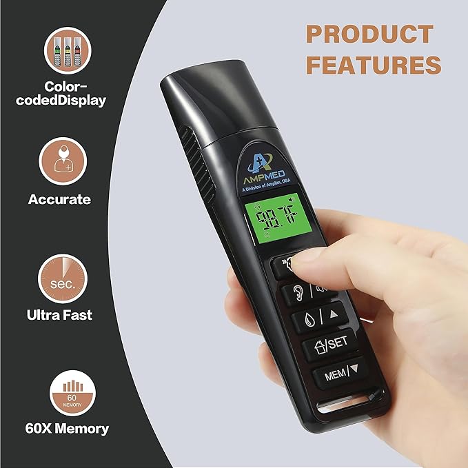 Amplim Baby Thermometer | 3-in-1 Infrared Thermometer for Ear, Forehead & Touchless, Accurate Fever Thermometer for Baby, Infants, Toddlers, Kids & Adults | Black Base Stand & Clock