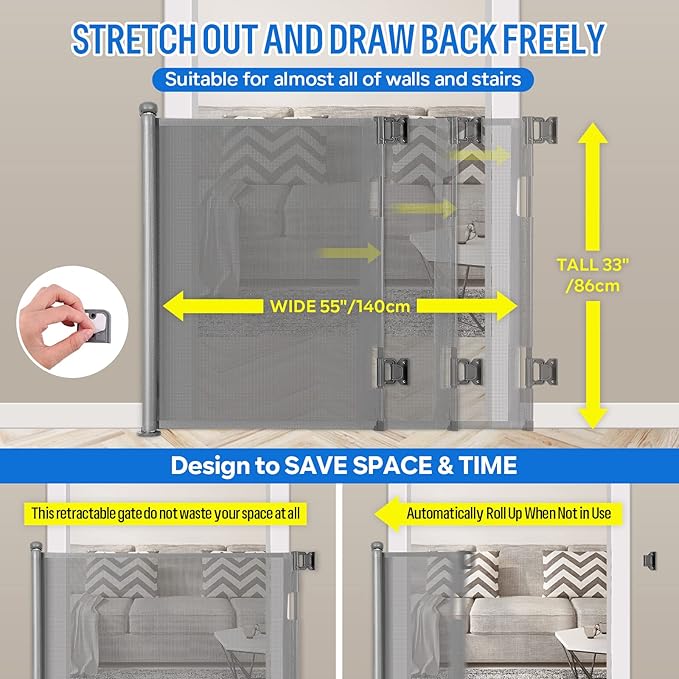 Retractable Baby Gate, Extra Wide Safety Kids or Pets Gate, 33” Tall, Extends to 55” Wide, Mesh Safety Dog Gate for Stairs, Indoor, Outdoor, Doorways, Hallways, Easy to Wipe(Grey)