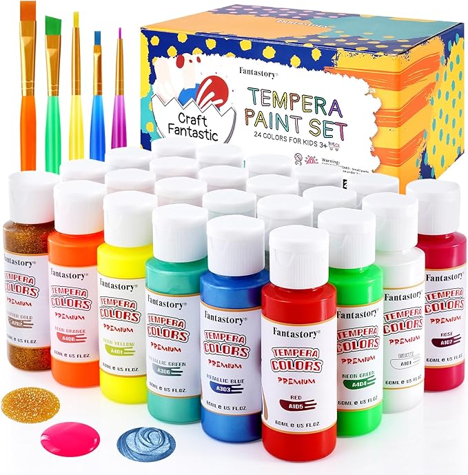 Fantastory Tempera Paint for Kids 24 Colors (2 oz Each) Washable Tempera Paint, Kids Poster Paint Sponge Painting, Non-Toxic Kids Paint Finger Paints Hand Paints Bottles Gifts