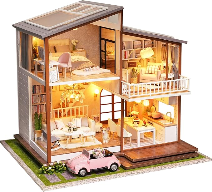Spilay DIY Dollhouse Miniature with Wooden Furniture,DIY Dollhouse Kit Large Villa Model with LED Light & Music Box,1:24 Scale Creative Room Gift for Adult Teenager