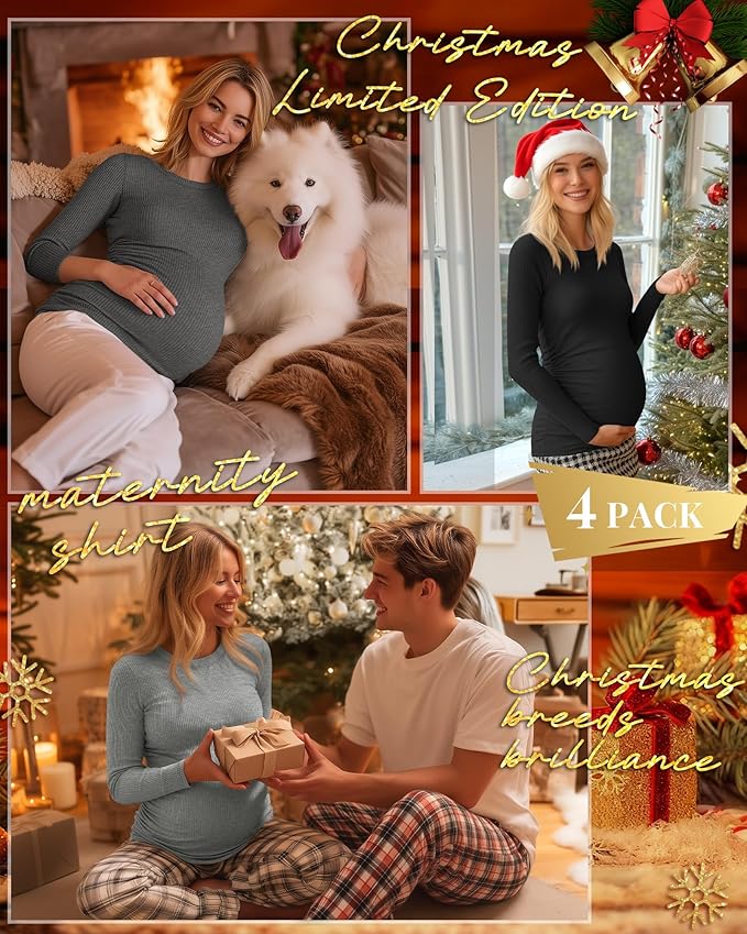 Ficerd 4 Pack Women's Maternity Shirts Cotton Long Sleeve Ribbed Crew Neck Pregnancy Tops Side Ruched Casual Mama Clothes