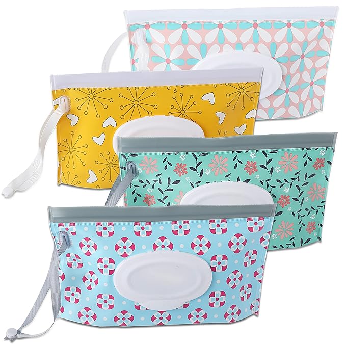 FEBSNOW 4 Pack Baby Wipe Dispenser, Portable Refillable Wipe Holder, Baby Wipes Container, Wipe Dispenser, Reusable Travel Wet Wipe Pouch (Floral)