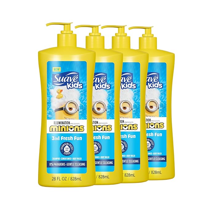 Suave Kids Minions 3-In-1 Shampoo, Conditioner, and Body Wash, For Tear-Free and Gentle Cleansing, 28 oz(Pack of 4)