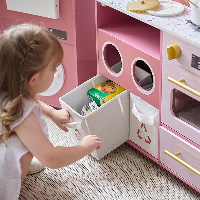 Teamson Little Chef Savannah Wooden Montessori Pretend Play Kitchen for Toddlers Kids Ages 3+ Modular Three-Piece Set with Sink Cart Stove & Fridge for Boys and Girls Playset – Pink