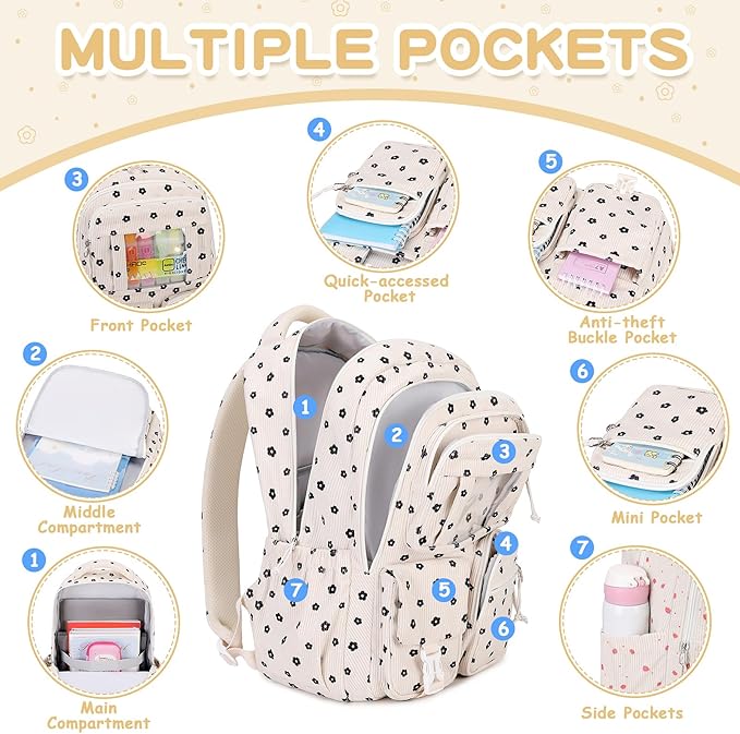 Corduroy Backpack Kids Backpack for Girls School Bags for Middle School Students Book Bag for Elementary Primary Kawaii Ita Backpack, Flower