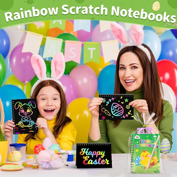 ZMLM Rainbow Scratch Party Favors Kids: Birthday Gifts Toy Bulk Scratch Art Notebook 24 Pack Birthday Goodie Bags Stuffers Girls Boys Art Craft Pad Classroom Prizes School Teacher Supplies (Easter)