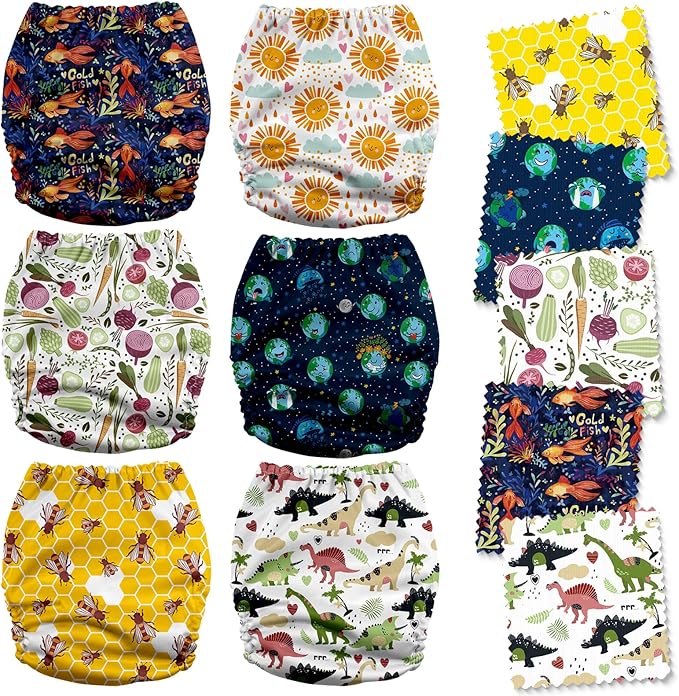 Mama Koala 3.0 Cloth Diapers for Babies, 6 Pack One Size Washable and Reusable Pocket Diapers for Newborns and Toddlers (Animals and Earth)