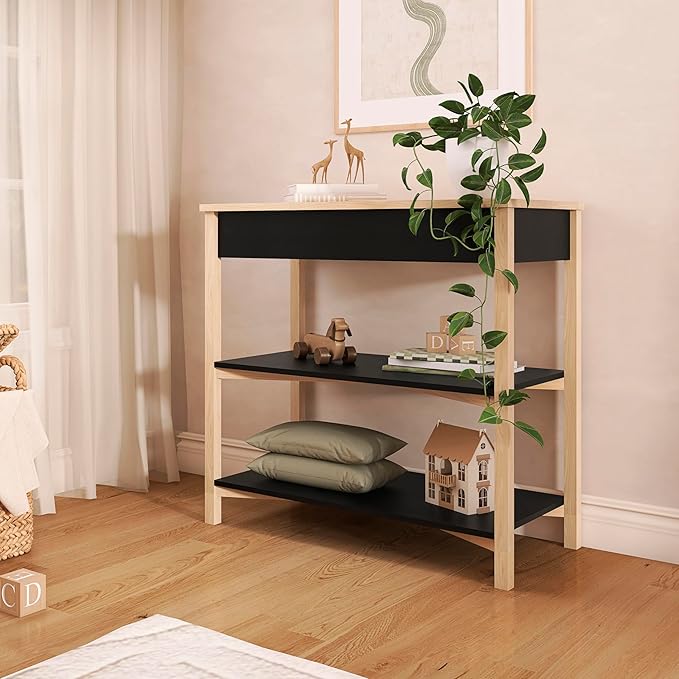 Dream On Me Owen Baby Changing Table, Removable Changing Tray, Spacious Top Storage Drawer, Two Open Shelves, Safety Brackets, JPMA Certified Modern Nursery Furniture – Matte Black Vintage Oak