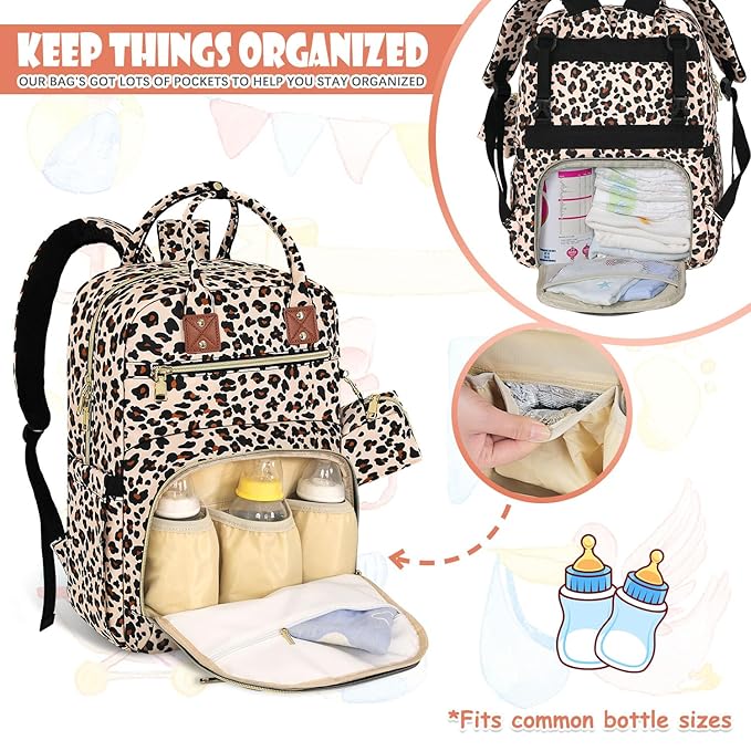 Baby Diaper Bag Backpack Travel Diaper Bags for Baby Girl Boy Large Capacity Baby Bag Backpack for Women Leopard Print