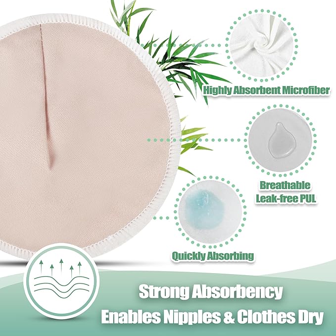 wegreeco Nursing Breast Pads (14 Pack) + Laundry Bag & Travel Storage Bag, 4.7 inch - Washable & Reusable Breastfeeding Nursing Pads (Rose Gold, Large, Contoured Shape)