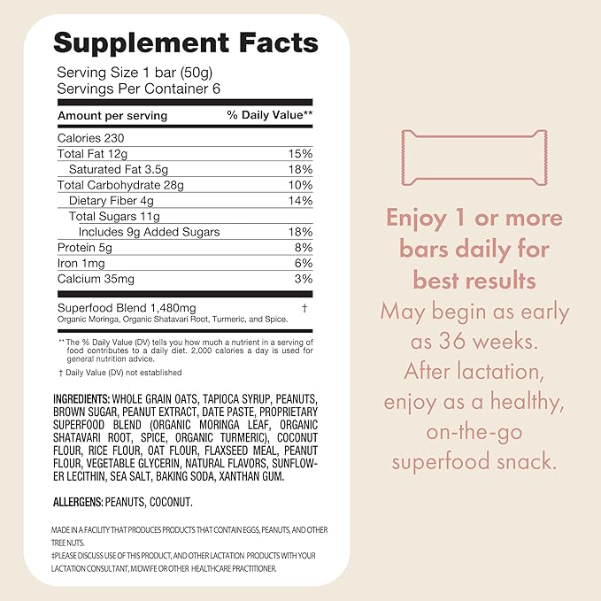 Boobie Bar Superfood Peanut Butter Lactation Bar for Breastfeeding Moms to Increase Milk Supply | #1 Selling Lactation Snack Bars | Vegan, Fenugreek-Free, Gluten-Free, Dairy-Free (6 Bars)