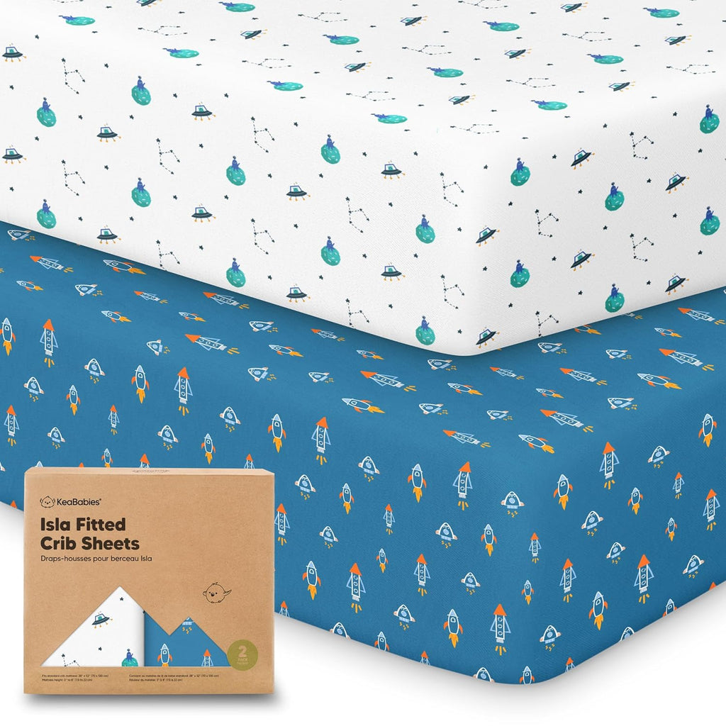 KeaBabies 2-Pack Baby Crib Sheets for Boys, Girls - 52x28 Viscose Derived from Bamboo Toddler Bed Sheets Neutral, Fitted Crib Mattress Cover for Standard Baby Bedding, Soft & Cozy (Space Quest)