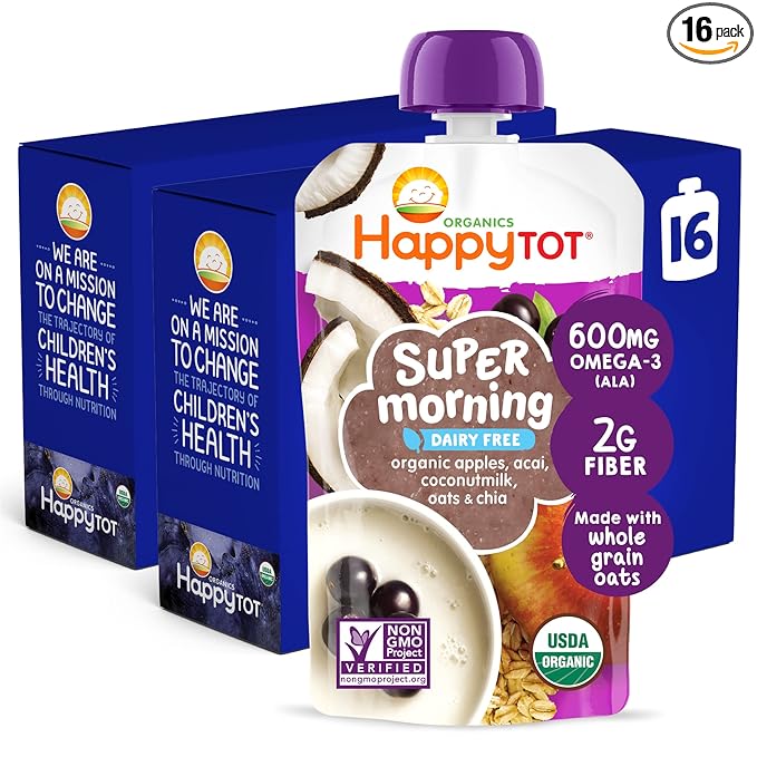 HAPPYTOT Organics Stage 4 Baby Food Pouches, Gluten Free, Vegan & Dairy Free Snack, Super Morning Fruit & Oat Blend, Apple, Acai, Coconutmilk, Oats & Chia, 4 Oz (Pack of 16)