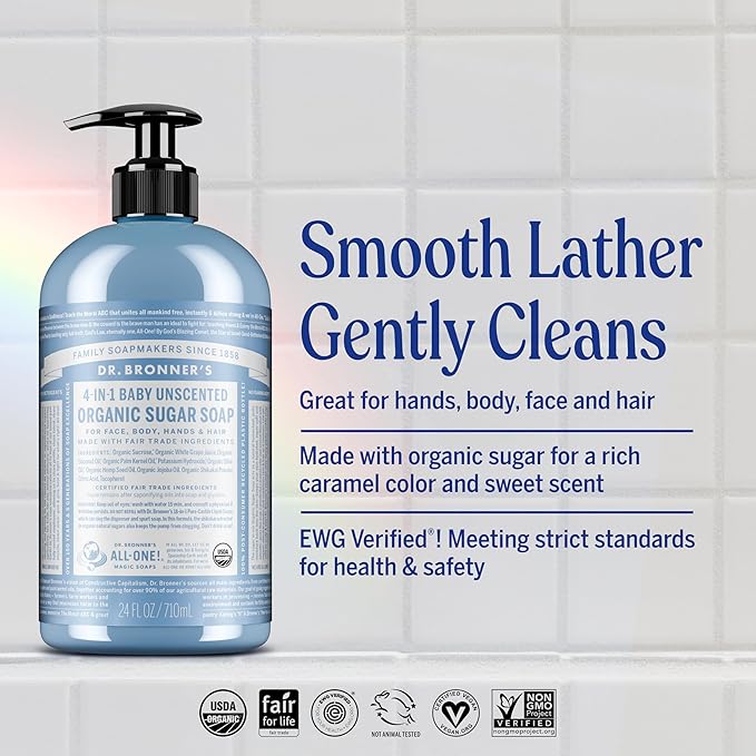 Dr. Bronner's Organic Sugar Soap (Baby Unscented, 24 Ounce) - Made with Regenerative Certified Organic Oils, Sugar & Shikakai Powder, 4-in-1 Use: Hands, Body, Face and Hair- Liquid Soap, Nourishes
