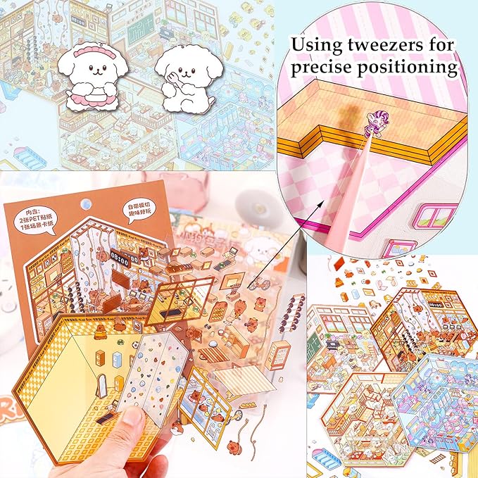 DIY 3D Sticker for Kids, 6 Sets of Cute Stickers for Girls Adult Isometric Sticker Scene Kids Reuseable and Waterproof Stickers