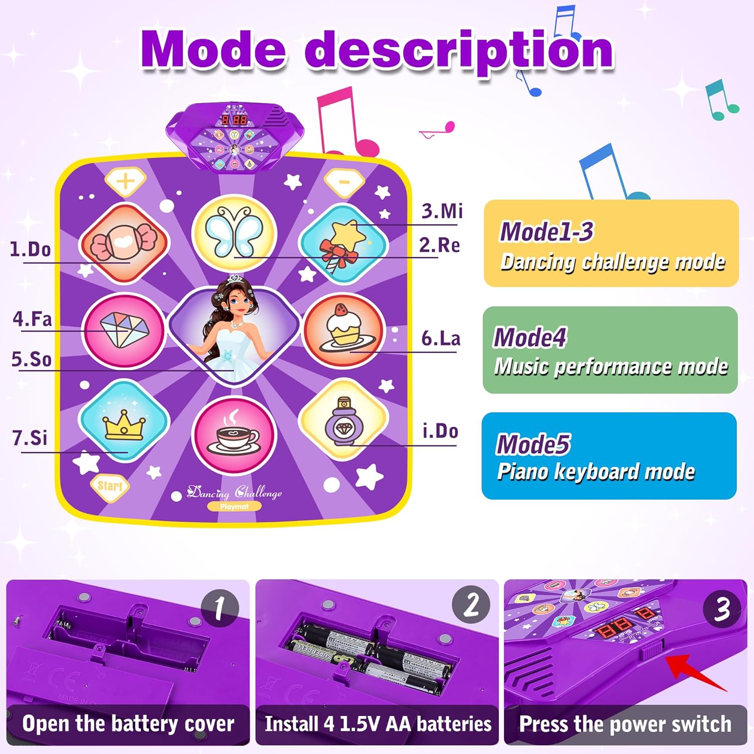 Dance Mat Toys for Kids, Purple Princess Electronic Dance Pad Game with 5 Gaming Modes, Dance Toys with LED Lights, Built-in Music, Ideas Christmas Birthday Gifts for 5+ Year Old Toddler Girls