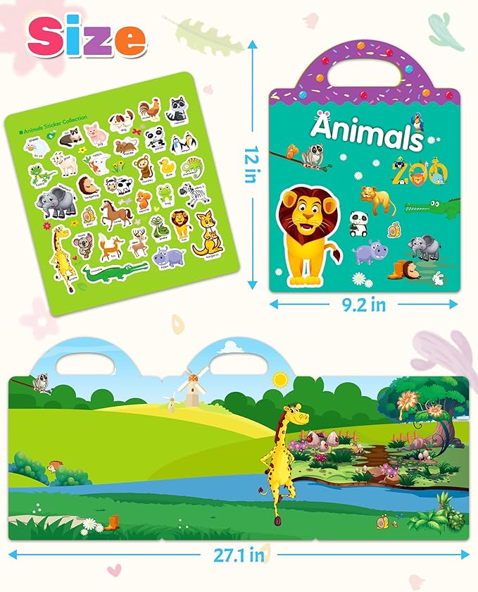Benresive Reusable Sticker Book for Toddlers 2-4 Years, Fun Travel Stickers for Kids, Waterproof Sticker Books for Toddlers 1-3, Crafts Activities for Todddlers 1-3 2-4 3-5 - Animals Zoo
