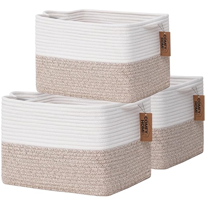 COMFY-HOMI 3-Pack Cotton Rope Woven Basket with Handles for Shelves, Books, Toys, Cloth Storage|Towel Storage|Nursery Baby Basket - 13.5" x 11" x 9.5" for Living Room (White/Brown)