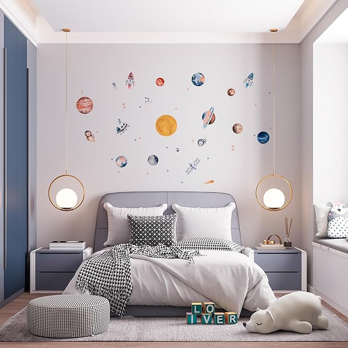 Solar System Wall Decals for Kids - Planets and Space Themed Wall Stickers by Lipastick - Peel and Stick Vinyl Decals for Boys and Girls Bedroom, Nursery, Playroom - Wall Stickers for Girls Room