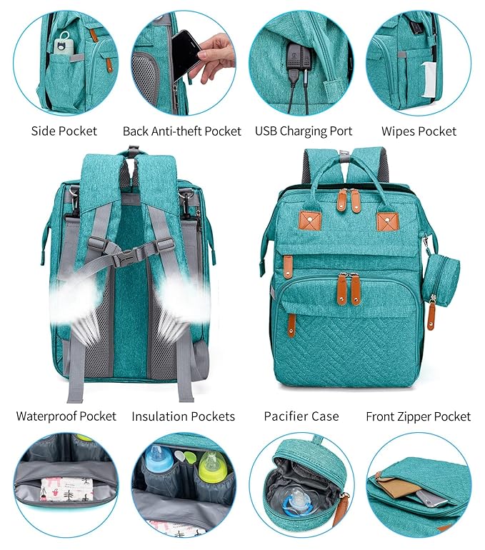 KABAQOO Diaper Bag Backpack with Detachable Changing Station, Large Capacity Baby Diaper Bags for Boys & Girls, Baby Registry Search Stuff & Shower Gifts, Newborn Essentials Must Haves, Lake Blue