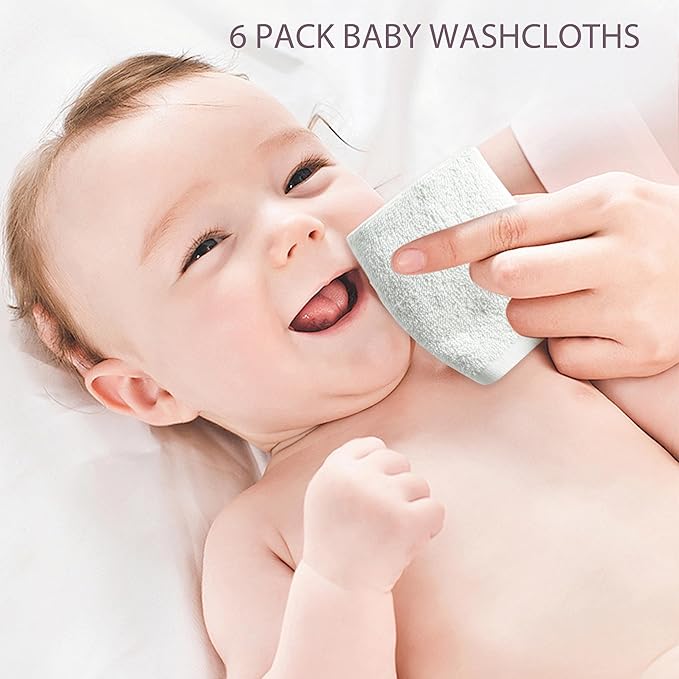 Baby Washcloths 6 Pack 100% Cotton Soft and Absorbent Terry 10" x 10" Wash Cloths Wipes for Face Hand Body Burp Rag with Sensitive Skin for Newborns Infants Toddlers
