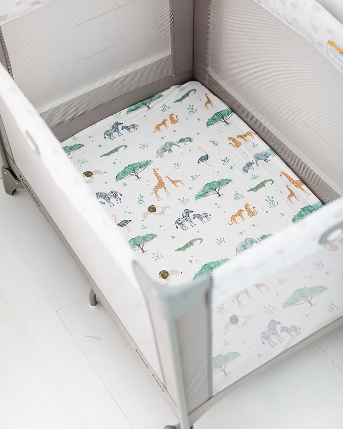 Pack and Play Sheets Fitted, Mini Crib Sheets for Graco Pack N Play Playard (38x26), Ultra Soft Organic Cotton Blend, Safe & Snug Playpen Mattress Sheet for Baby Boys & Girls, Safari Adventure, 2-Pack